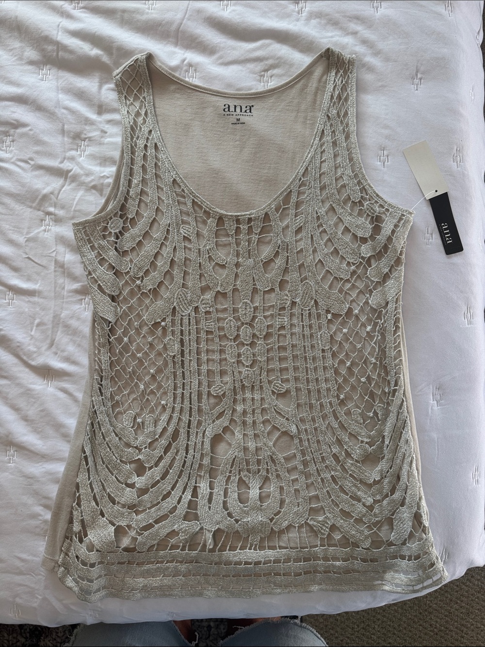 a.n.a Crochet Overlay Scoop Neck Tank in Light Beige